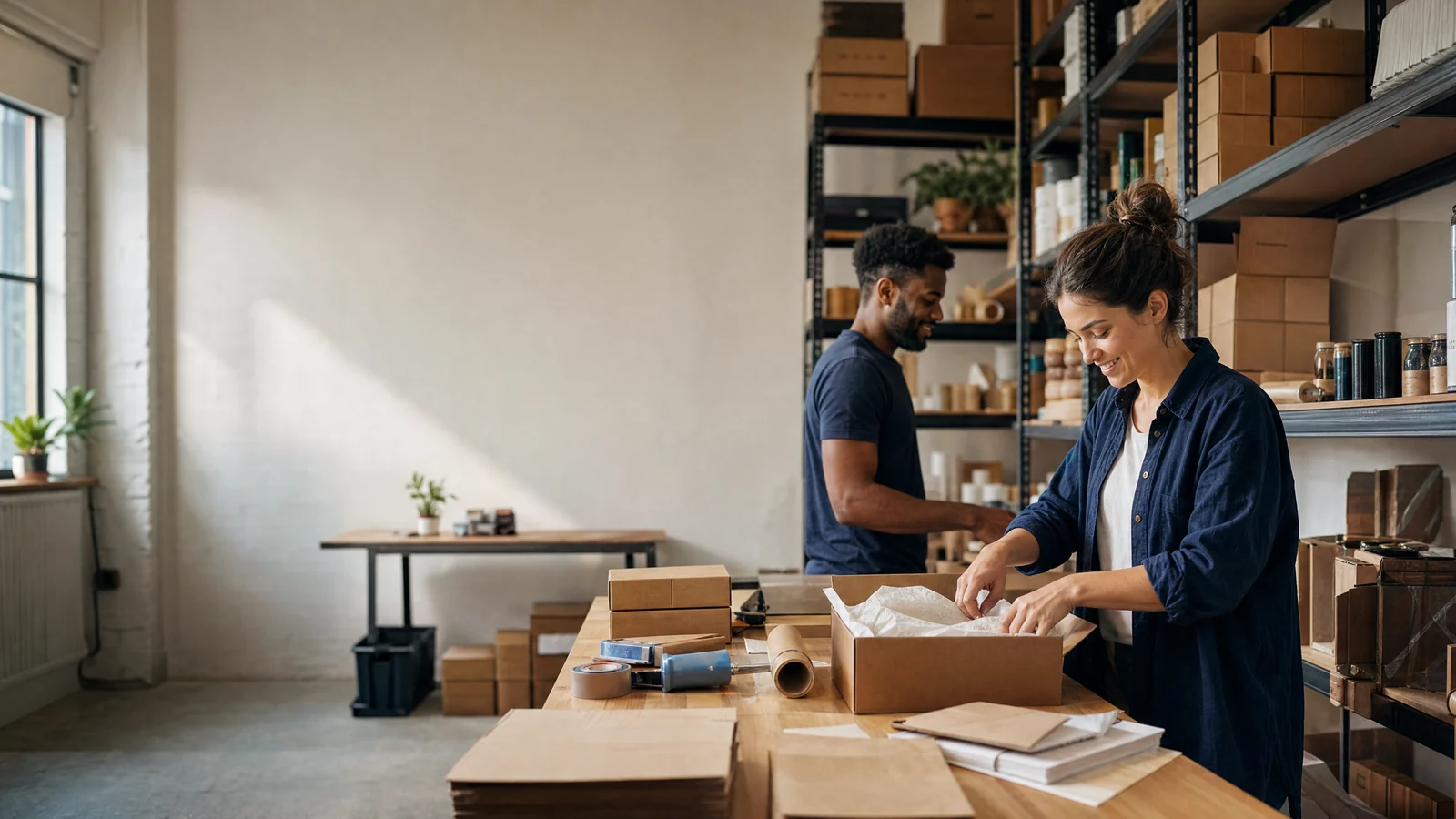 Independent ecommerce team preparing customer orders in a modern warehouse