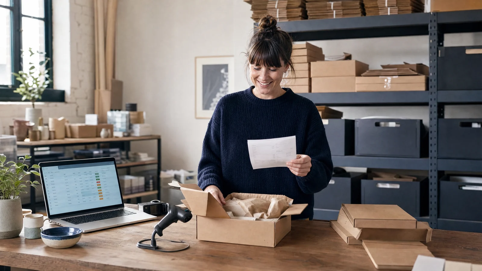 A laptop supporting order processing at a real-world packing station