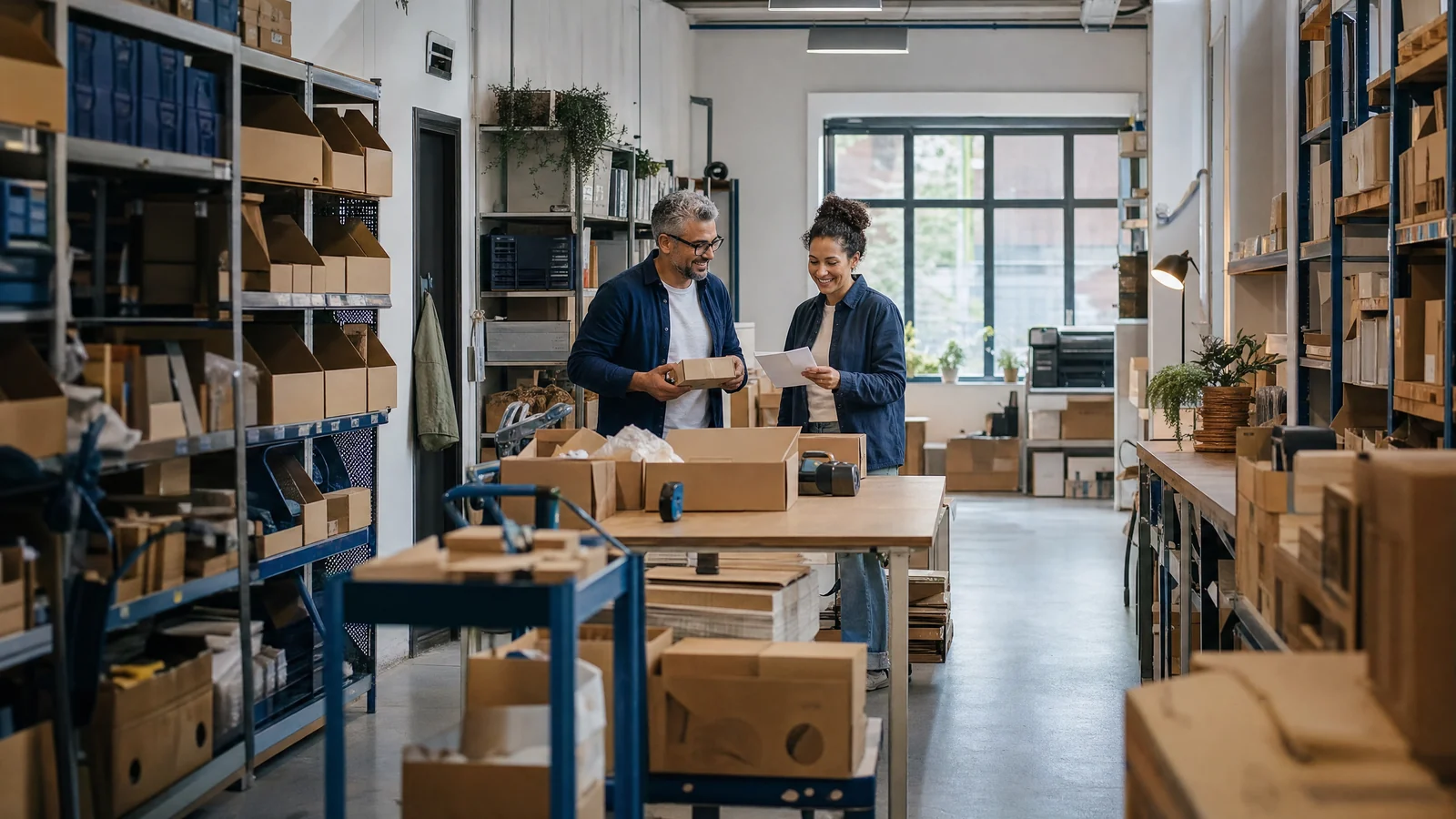 Pick locations and packing benches in a growing ecommerce warehouse