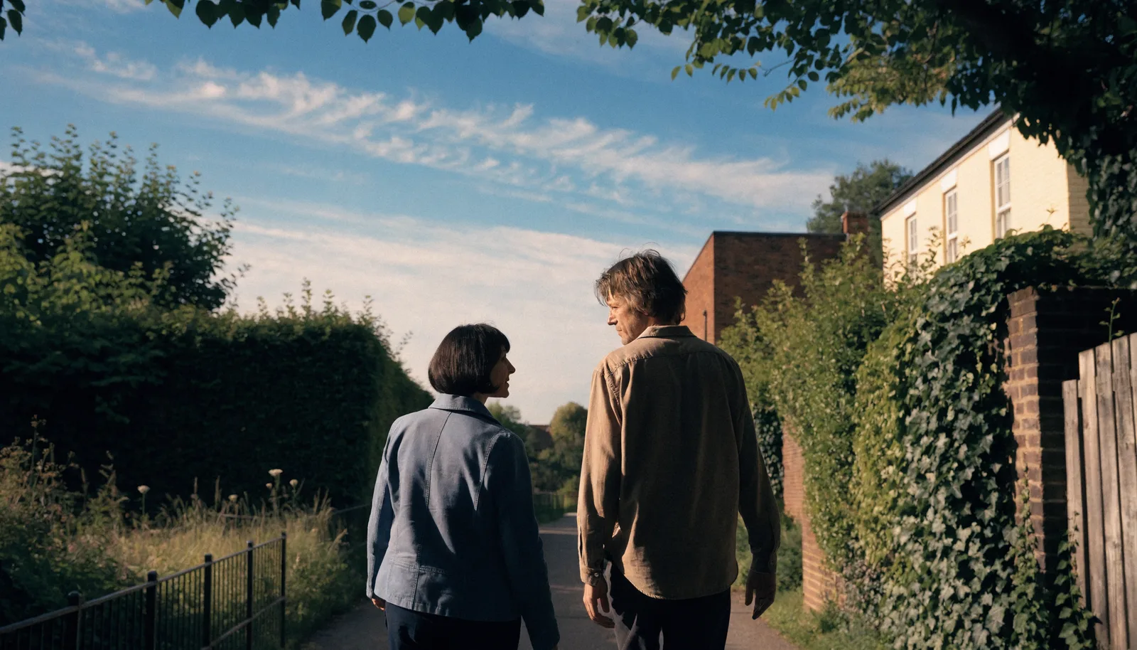 Illustrative scene of two people enjoying a relaxed walk together after work, with no identifiable regional landmarks.